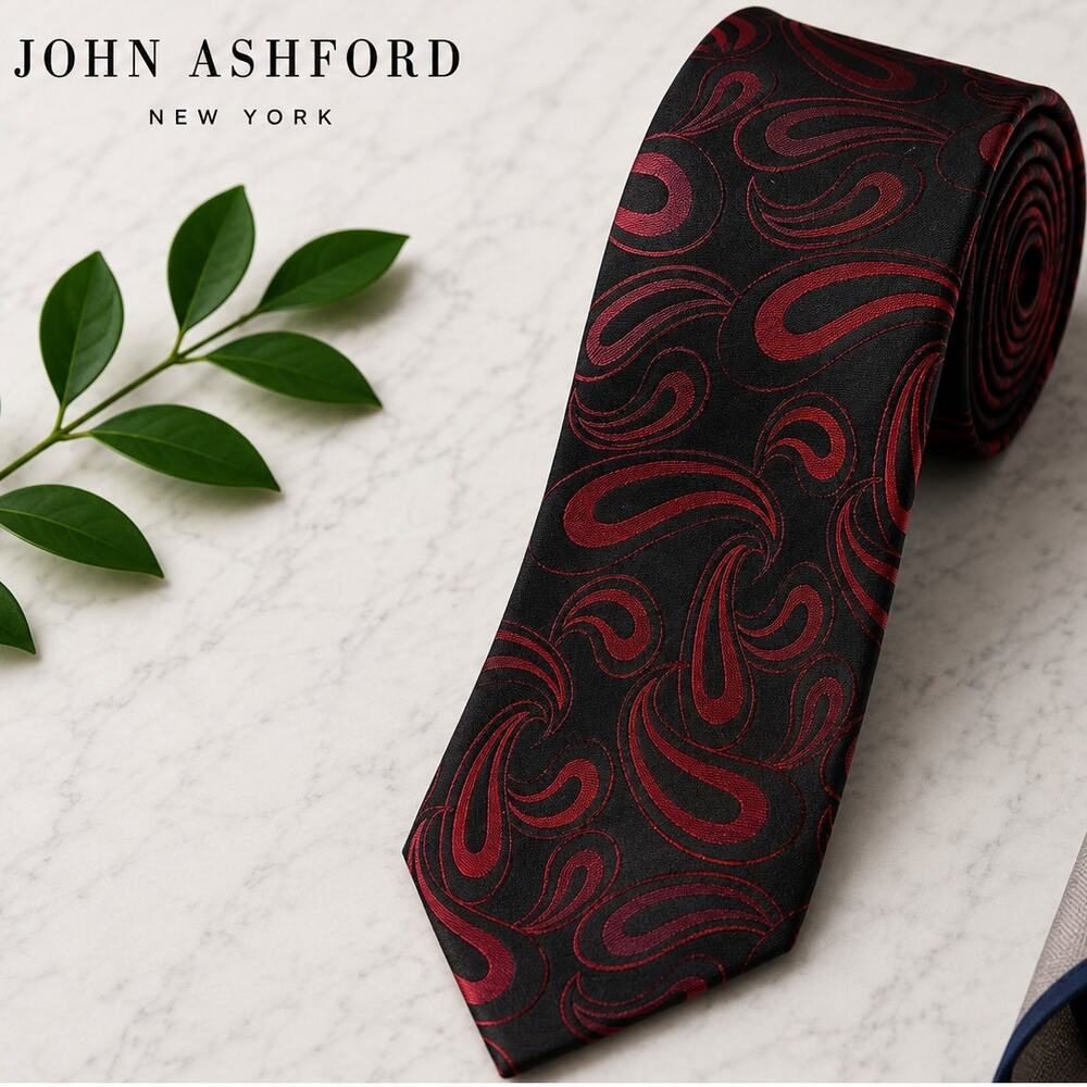 Vintage John Ashford Macys Black Red Silk Paisley Tie New